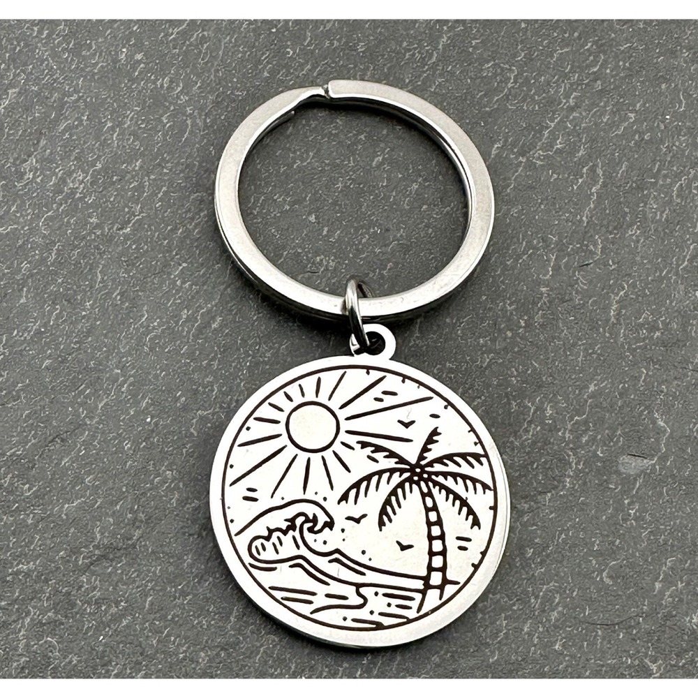 Ocean Waves Keychain Stainless Steel Etched with Sunshine Palm‎ Trees NEW
